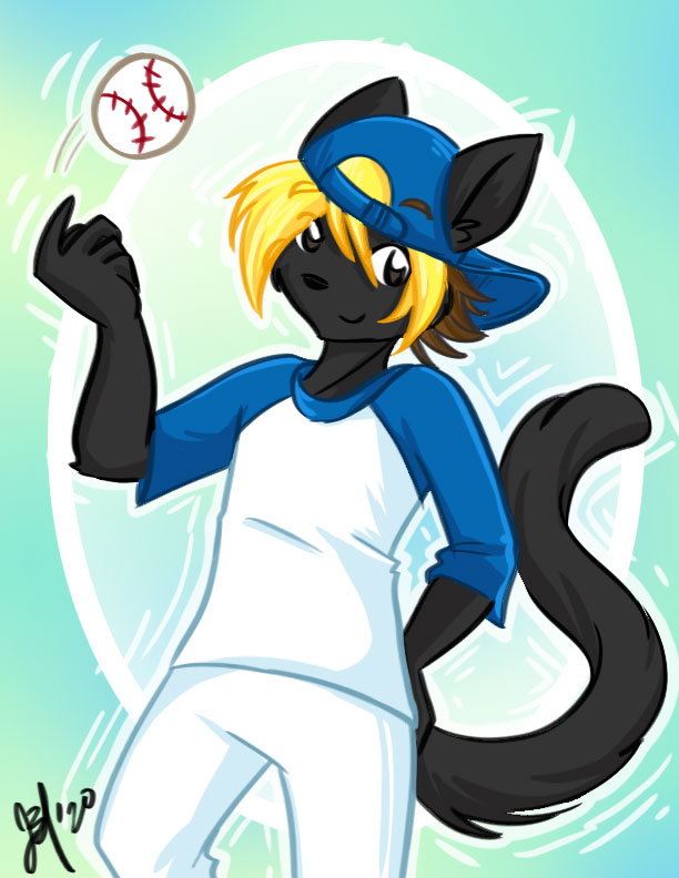 anthro backwards_baseball_cap backwards_hat baseball_cap black_body black_fur blonde_hair clothed clothing fur hair hat headgear headwear male solo j3t domestic_cat felid feline felis mammal 2020