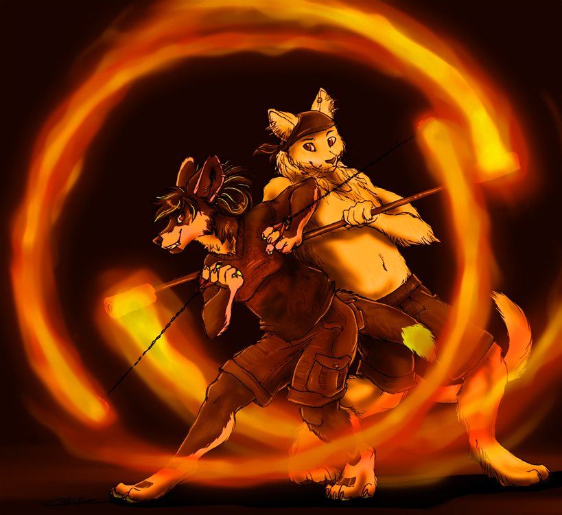 anthro black_hair bottomwear chain clothed clothing duo ear_piercing female fire_spinning fireshow green_hair hair kerchief male piercing poi red_eyes shirt shorts smile tail topless topwear fuckie fuckie_(character) canid canine canis domestic_cat felid feline felis mammal wolf