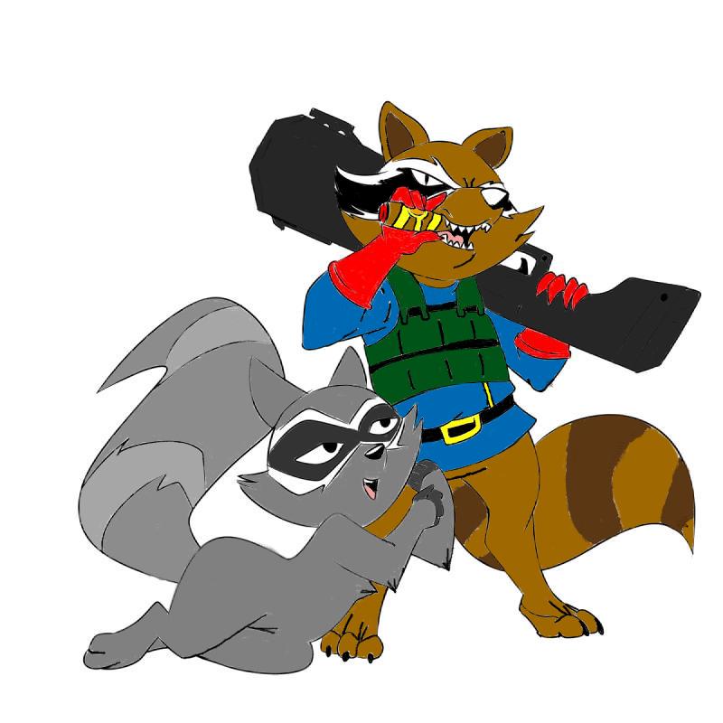 anthro cigar clothing duo female gloves gun handwear male ranged_weapon simple_background weapon lonbluewolf virtigogun cartoon_hangover doctor_lollipop guardians_of_the_galaxy marvel coco_(doctor_lollipop) rocket_raccoon mammal procyonid raccoon 1:1 colored