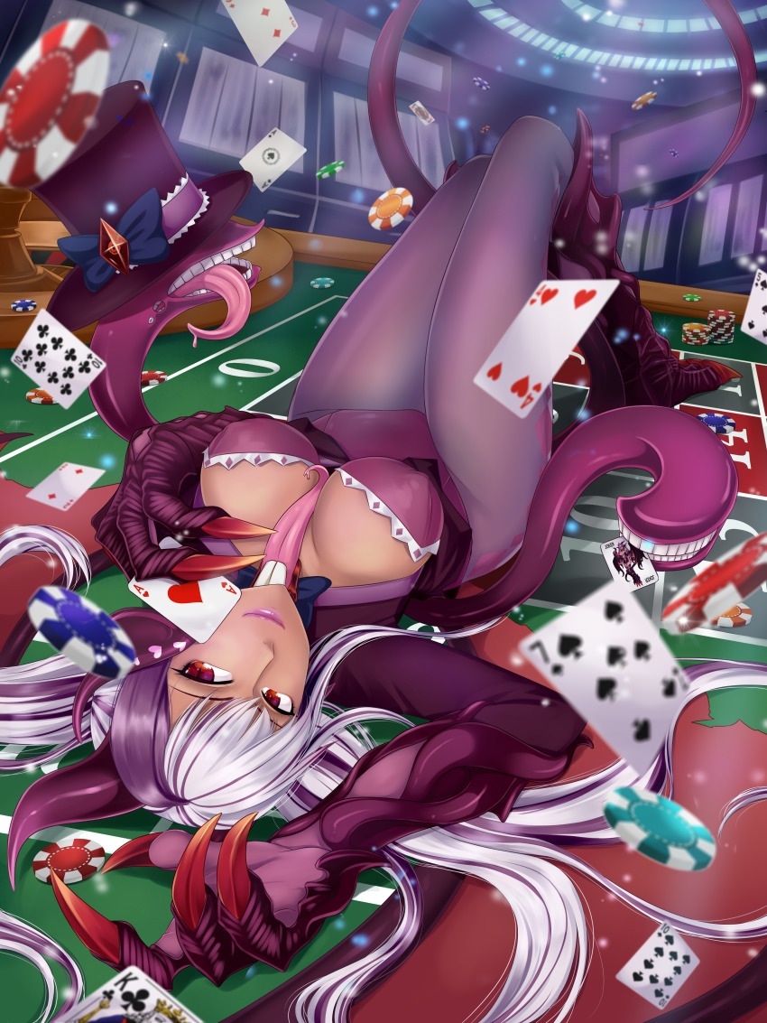 bow_(feature) bow_tie breasts card casino claws cleavage clothed clothing female hair hat headgear headwear horn looking_at_viewer monster_girl_(genre) red_eyes roulette_table roulette_wheel solo tongue top_hat wings unknown_artist monster_girl_encyclopedia mythology jabberwock_(mge) animal_humanoid demon demon_humanoid dragon dragon_humanoid humanoid jabberwock jabberwocky mythological_creature mythological_scalie scalie smaller_version_at_source