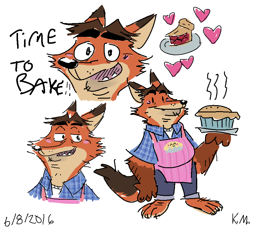 anthro apron belly black_nose blush bottomwear clothing dessert dialogue food heart_symbol male pants pastry pie shirt simple_background slightly_chubby solo topwear white_background mcthundergoose disney zootopia gideon_grey canid canine fox mammal red_fox true_fox 2016