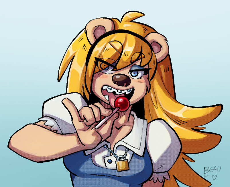 accessory anthro blonde_hair blue_eyes braces brown_body brown_fur bully candy clothing dessert dress female food fur hair hair_accessory hairband lollipop solo ishi naughtyjester krista_blonde bear mammal