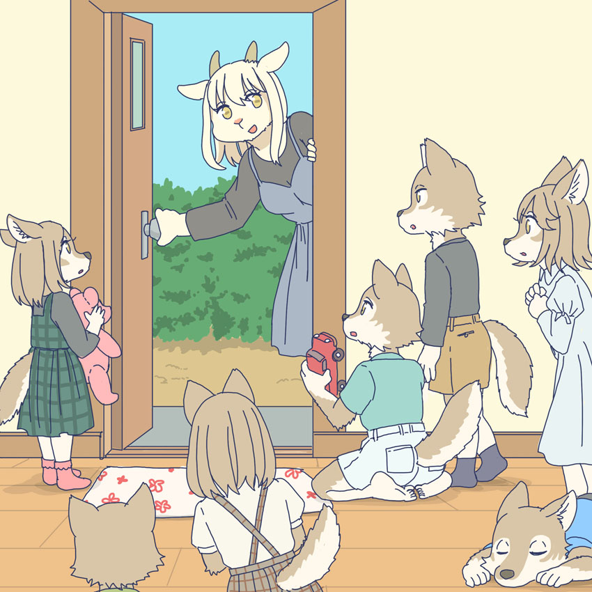 5_toes anthro barefoot clothing door dress feet female group humanoid_feet kemono male plantigrade role_reversal toes toy_car young young_anthro ekaki510 fairy_tales the_wolf_and_the_seven_little_goats bovid canid canine canis caprine goat mammal wolf 1:1