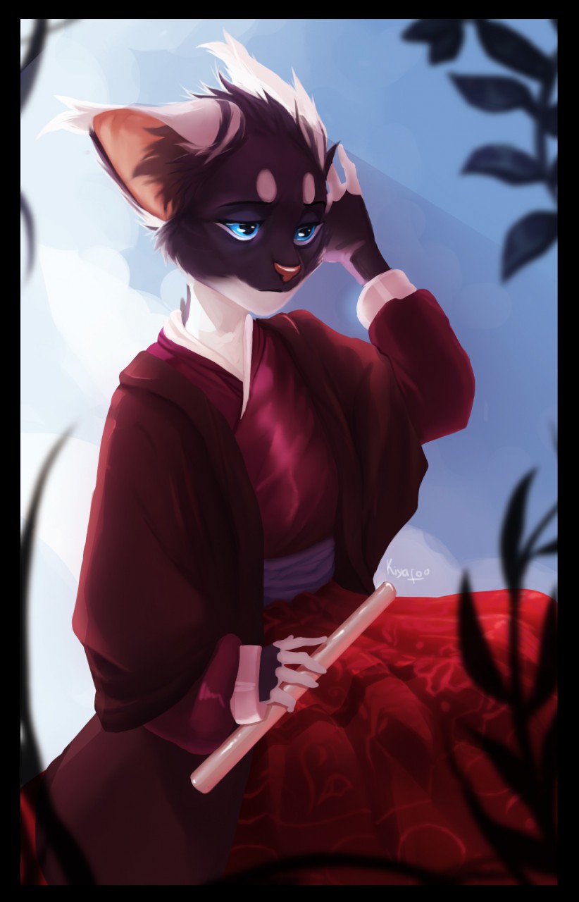 anthro biped black_body black_fur blue_eyes clothed clothing day detailed_background fur outside sitting solo kiyafoo domestic_cat felid feline felis mammal digital_media_(artwork) hi_res