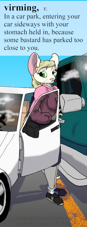 anthro blonde_hair car clothed clothing definition female fully_clothed fur green_eyes hair outside parking_lot profanity sky solo text tongue tongue_out truck vehicle whiskers white_body white_fur cybercorn_entropic afterliff cynthia_boggs mammal mouse murid murine rodent 2020 english_text