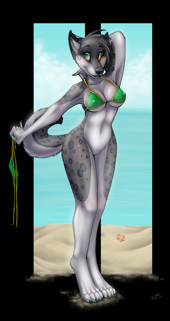 4_toes anthro beach bikini biped black_nose black_sclera blush bottomless breasts clothed clothing detailed_background digitigrade feet female fur genitals green_eyes grey_body grey_fur hand_behind_head heterochromia multicolored_body multicolored_fur outside panties paws pose pussy sand sea seaside skimpy sky solo spots standing summer swimwear tail tight_clothing toes two-piece_swimsuit two_tone_body two_tone_fur underwear water yellow_eyes kyma arcana canid canine canis domestic_dog felid husky hybrid leopard mammal nordic_sled_dog pantherine spitz 2010 hi_res