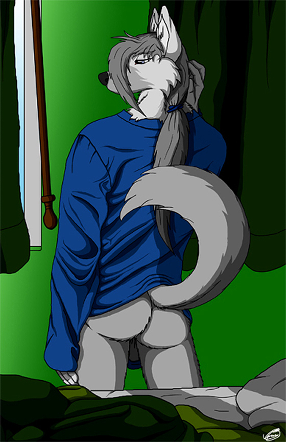 anthro backsack balls bed biped bottomless butt clothed clothing fur furniture genitals grey_body grey_fur grey_hair hair long_hair looking_back male nude pose rear_view solo standing tail juano ziude_(character) canid canine canis domestic_dog mammal wolf