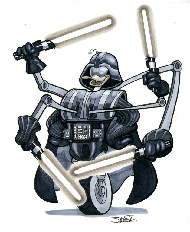 1_leg 4_fingers 6_arms armor clothing fingers gloves hands_on_hips handwear headgear helmet lightsaber machine male melee_weapon multi_arm multi_limb multi_wielding open_mouth open_smile simple_background smile solo weapon wheel white_background white_body white_lightsaber james_silvani disney ducktales star_wars darth_vader gizmoduck robot