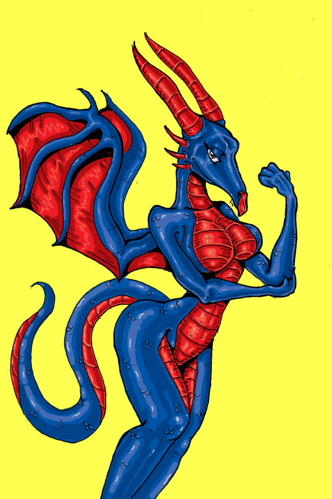 anthro blue_body blue_skin breasts female horn looking_at_viewer membrane_(anatomy) membranous_wings non-mammal_breasts nude simple_background solo tail wings yellow_background dzemon zhmernalt mythology dragon mythological_creature mythological_scalie scalie 2011