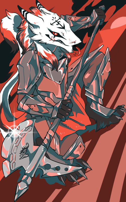 anthro armor axe clothed clothing fur looking_at_viewer male melee_weapon smile solo standing tail tongue tongue_out weapon grungecandy sergal 5:8