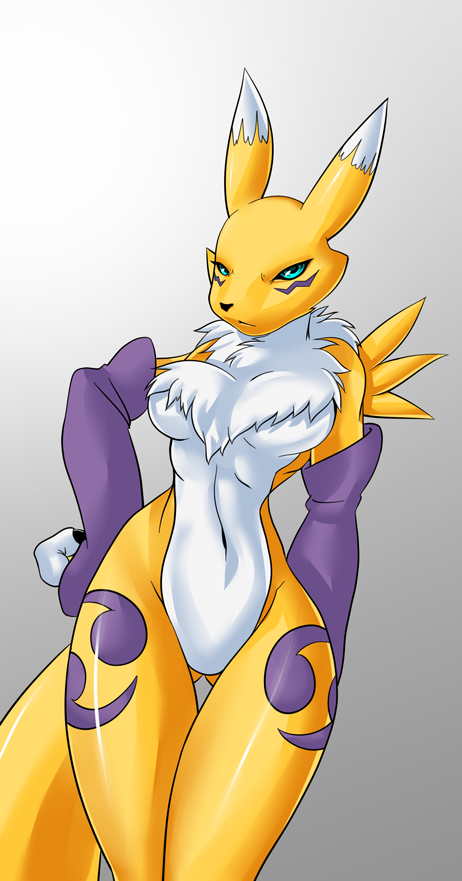 anthro armwear biped blue_eyes breasts bridal_gauntlets chest_tuft clothing facial_markings female fur gradient_background head_markings looking_at_viewer markings midriff mostly_nude navel pose simple_background solo standing tail tuft white_body white_fur yellow_body yellow_fur nekonny bandai_namco digimon canid canine digimon_(species) mammal renamon pinup