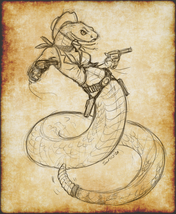 apode bottomless breasts cleavage clothed clothing female gun gun_belt handgun hat headgear headwear holster legless non-mammal_breasts ranged_weapon rattle_(anatomy) revolver scales serpentine solo weapon caribou_(artist) draconcopode naga pit_viper rattlesnake reptile scalie snake viper 2020 monochrome