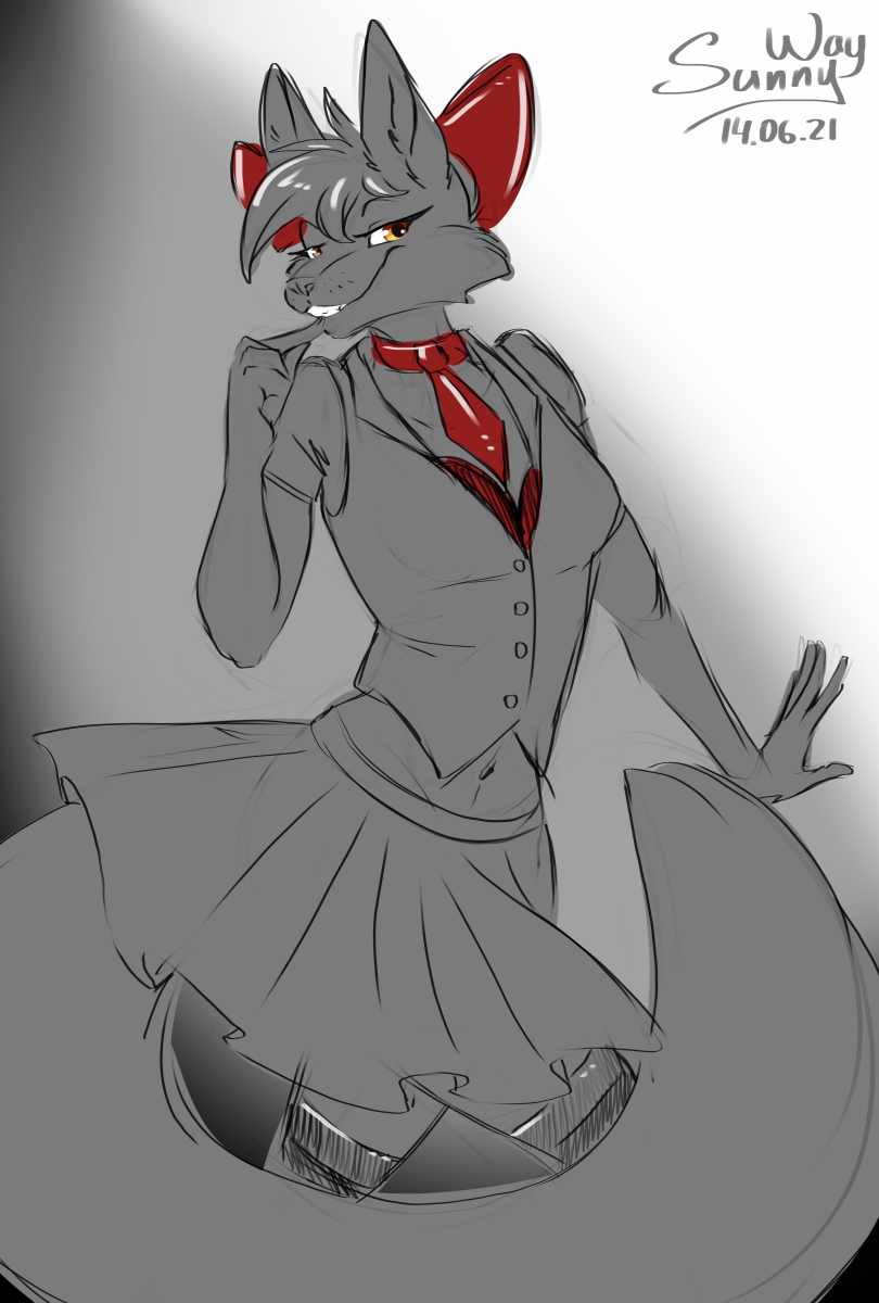 accessory anthro bottomwear bow_ribbon bra clothed clothing female hair_accessory hair_bow hair_ribbon legwear necktie pose reward ribbons skirt smile solo stockings tail underwear sunny_way patreon canid canine fox mammal digital_drawing_(artwork) digital_media_(artwork) hi_res pinup