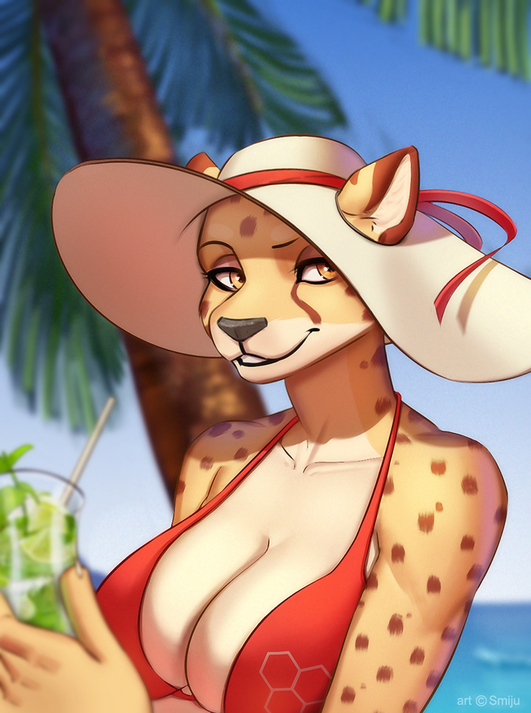 alcohol anthro beach beverage big_breasts bikini biped blue_sky breasts brown_body brown_fur brown_spots cleavage clothed clothing cocktail depth_of_field detailed_background eyebrows eyelashes female front_view fur grey_nose halterneck hat headgear headwear holding_glass holding_object looking_at_viewer markings multicolored_body multicolored_fur outside palm_tree plant red_clothing red_swimwear seaside sky smile solo spots spotted_body spotted_fur standing sun_hat swimwear tree two-piece_swimsuit white_body white_fur yellow_body yellow_eyes yellow_fur smiju natasha_peterson cheetah felid feline mammal 2017 bust_portrait digital_media_(artwork) portrait signature