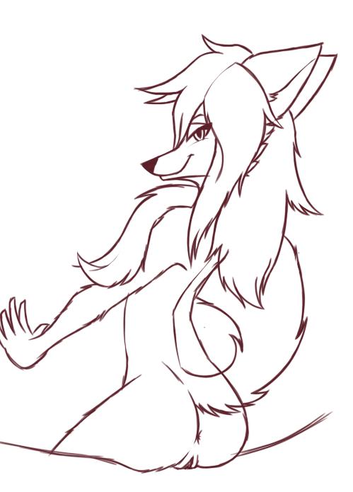 anthro butt eyelashes female fur genitals hair long_hair looking_at_viewer nude pussy simple_background smile solo litsi litsi_snow canid canine fox mammal 2020 digital_drawing_(artwork) digital_media_(artwork) sketch