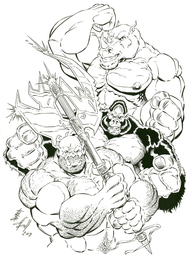 abs anthro axe facial_horn fur group horn inked male muscular muscular_anthro muscular_male nipples nose_horn pecs pose scar trio tusks tkd_dbull bruno_rhynox gor_(tomcat) trassk ape gorilla haplorhine humanoid mammal orc primate rhinoceros 2007 greyscale monochrome signature