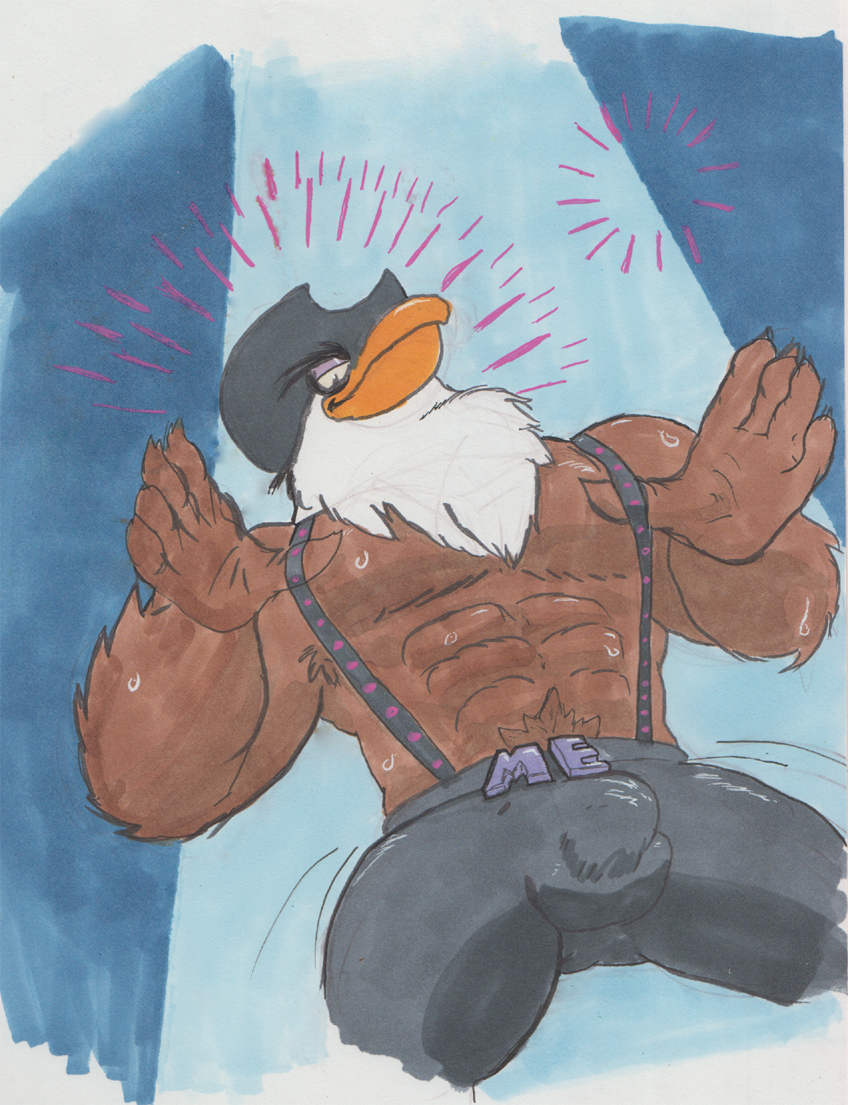 5_fingers anthro beak big_muscles biped bulge clothed clothing feather_tuft feathers fingers front_view hat headgear headwear huge_muscles humanoid_hands looking_at_viewer looking_down low-angle_view male muscular muscular_anthro muscular_male neck_tuft pecs pose simple_background smile solo stripper suspenders topless tuft cobaltcerberus angry_birds rovio_entertainment sega mighty_eagle accipitrid accipitriform avian bald_eagle bird eagle sea_eagle pinup