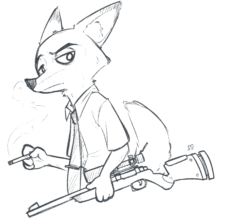 anthro cigarette clothed clothing fur gun holding_gun holding_object holding_ranged_weapon holding_weapon male ranged_weapon rifle scope simple_background sniper_rifle solo weapon alec8ter conditional_dnp disney zootopia nick_wilde canid canine fox mammal red_fox true_fox 2016 black_and_white monochrome signature