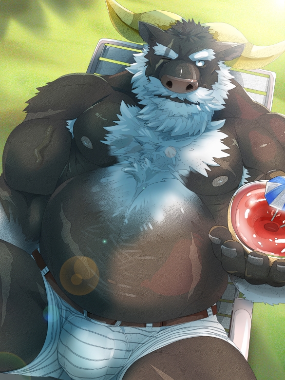 anthro armpit_hair beach_chair beard belly beverage body_hair bulge chest_hair clothing eye_scar facial_hair facial_scar horn male mature_anthro mature_male musclegut muscular muscular_anthro muscular_male mustache nipples scar solo under_shade underwear debirobu lifewonders tokyo_afterschool_summoners ahab_(tas) bovid bovine mammal true_buffalo water_buffalo 3:4