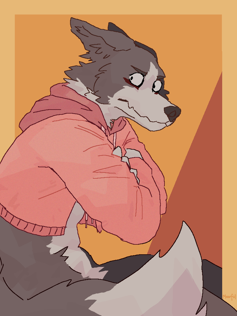 anthro blush bottomless clothed clothing crossed_arms embarrassed eyebrows fur grey_body grey_fur hoodie looking_at_viewer male pink_clothing pink_hoodie pink_topwear simple_background solo topwear mawfulme meme_clothing canid canine canis domestic_dog mammal 2020 3:4 meme