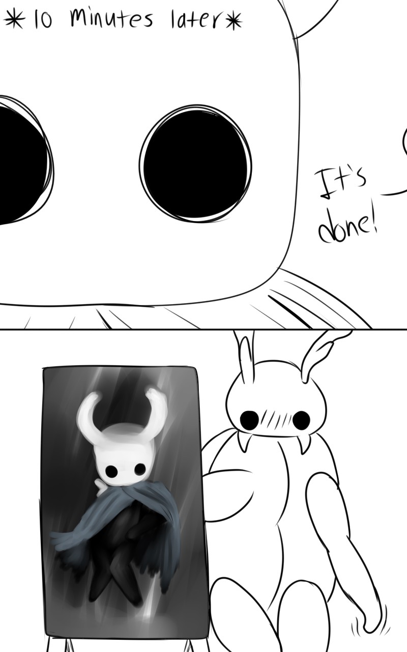 2_horns 2_panel_comic ambiguous_gender antennae_(anatomy) biped black_body black_eyes black_text cloak clothing dialogue duo exclamation_point horn motion_lines simple_background standing text time_skip weapon weapon_on_back white_background white_head skeletorskeletonized hollow_knight team_cherry bretta_(hollow_knight) the_knight_(hollow_knight) arthropod beetle insect vessel_(species) 2020 5:8 comic digital_media_(artwork) english_text hi_res female_(lore)