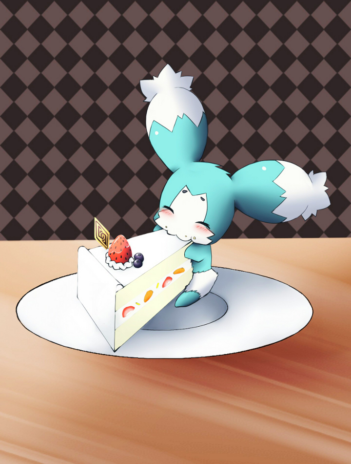 ambiguous_gender anthro big_ears blush cake dessert eyes_closed food furniture micro om_nom_nom smile solo table irukanano1345 bandai_namco tales_of_(series) tales_of_the_abyss mieu cheagle mammal unknown_species