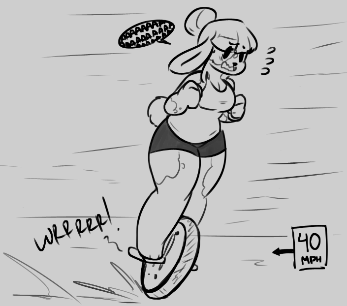 anthro breasts clothed clothing dialogue dialogue_box female fluffy fluffy_tail fur monocycle open_mouth simple_background solo tail text unicycle vehicle hijackerdraws lo_(honeyafro) lagomorph leporid mammal rabbit english_text monochrome