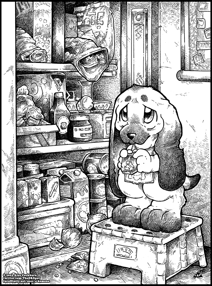 ambiguous_gender anthro bag bib box carrot carton cereal_box container cup drinking_straw food fur inside jar juice_box ketchup_bottle nude onion pantry plant sad solo step_stool vegetable young young_anthro o-kemono bloodhound canid canine canis domestic_dog hunting_dog mammal scent_hound 2022 monochrome