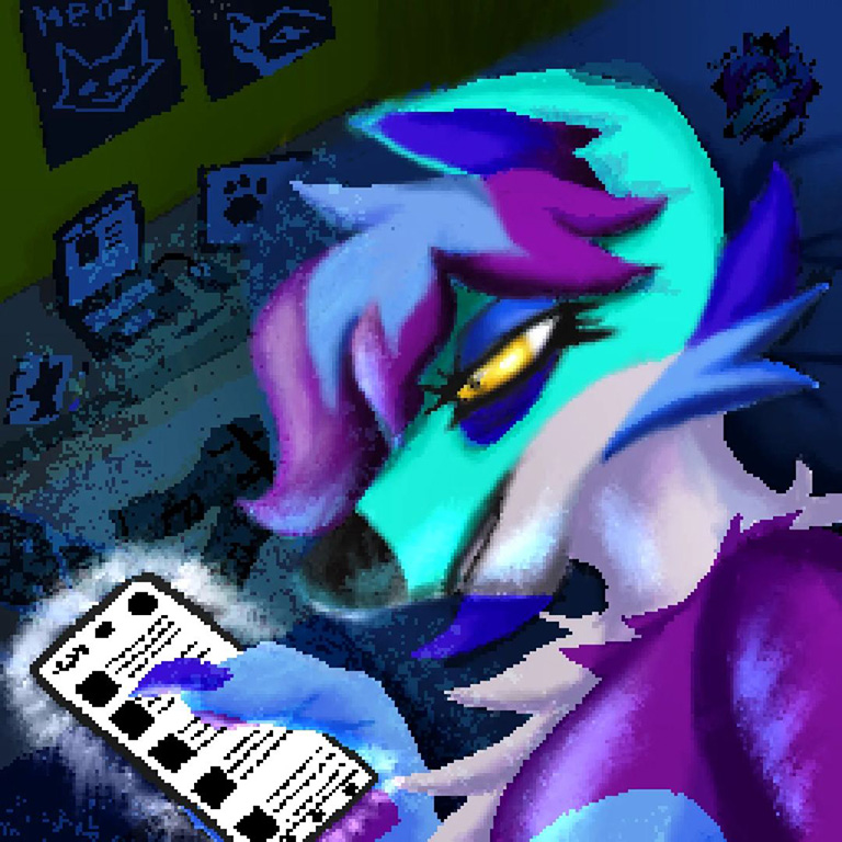 anthro cellphone electronics fluffy herm intersex living_room okami_arata_(oc) phone poster solo okamiarata mythology canid canine canis coyote dragon eastern_dragon hybrid mammal mythological_creature mythological_scalie scalie wolf 1:1 digital_media_(artwork) pixel_(artwork)