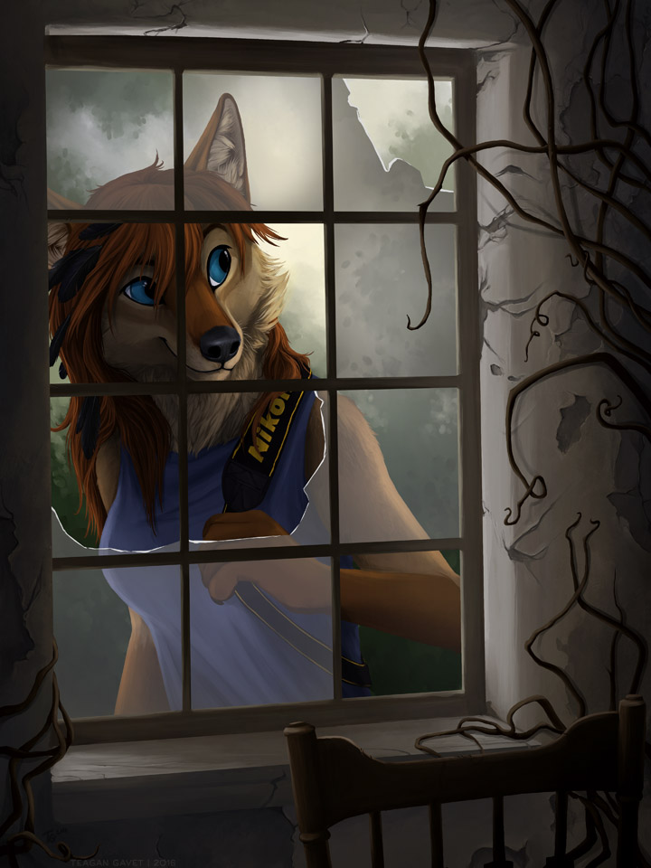 abandoned_building anthro biped blue_eyes building camera chair clothed clothing feathers female furniture house inside overgrown smile solo standing window blackteagan nikon kohi_(waruikoohii) canid canine canis coyote mammal 2016 3:4