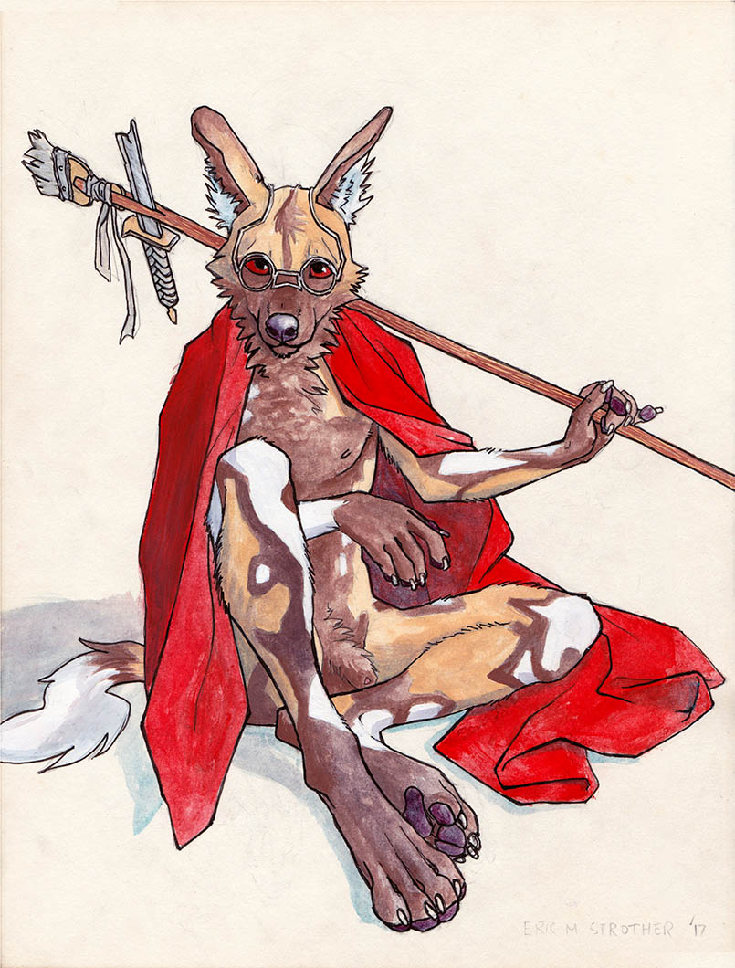 animal_genitalia anthro broken_sword eyewear fur genitals glasses improvised_weapon male multicolored_body multicolored_fur round_glasses sheath sitting solo everruler african_wild_dog canid canine mammal