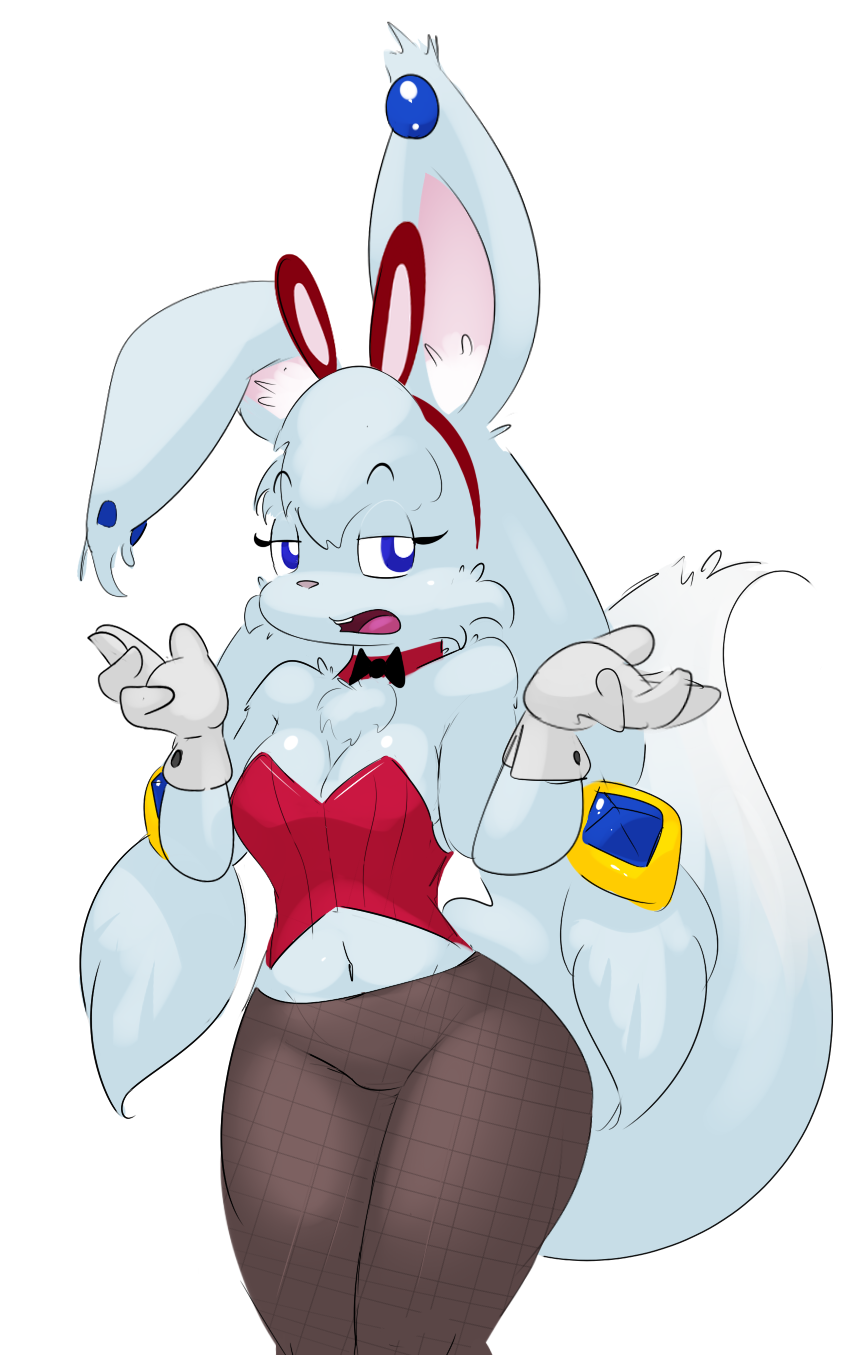 anthro blue_eyes bow_(feature) bow_tie breasts cleavage clothed clothing collar eyelashes female fur gloves handwear leggings legwear navel open_mouth simple_background solo teeth tongue white_background white_body white_fur elpatrixf kriyu lagomorph leporid mammal rabbit hi_res