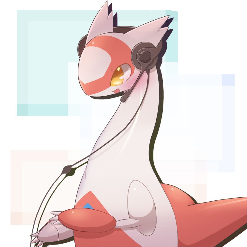 ambiguous_gender electronics headphones open_mouth solo yellow_eyes ecru_(artist) nintendo pokemon generation_3_pokemon latias legendary_pokemon pokemon_(species) 1:1