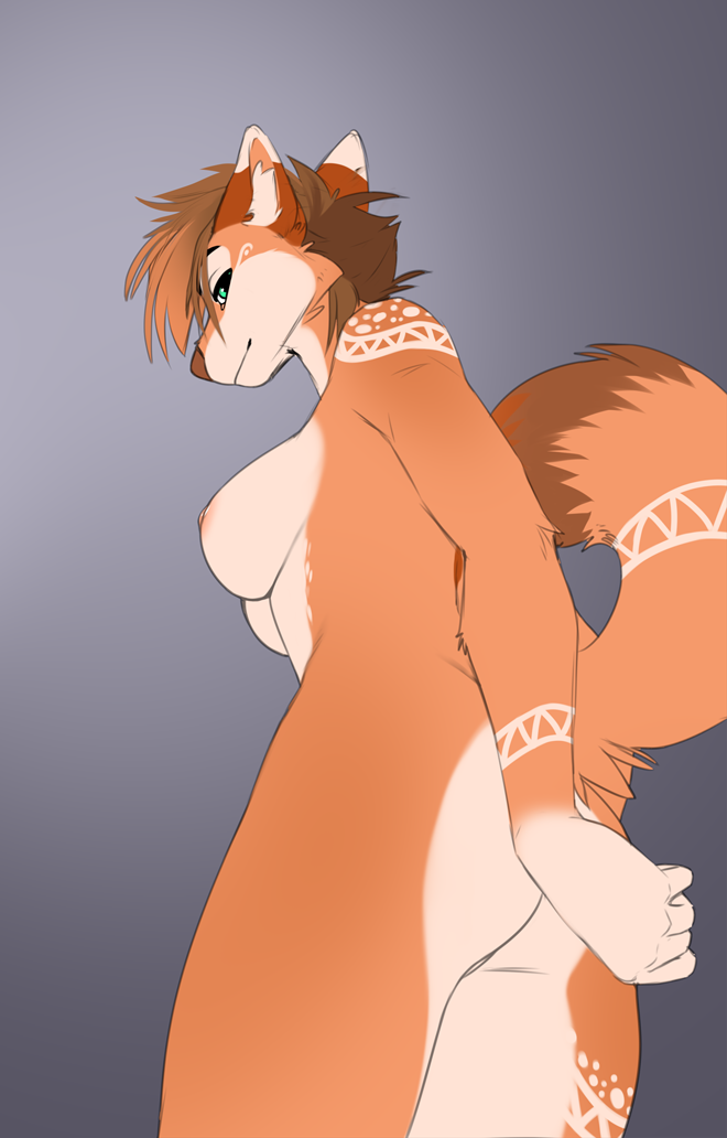 anthro areola breasts brown_hair female fur hair nipples orange_body orange_fur solo white_body white_fur sinalanf canid canine mammal 2022 digital_media_(artwork)