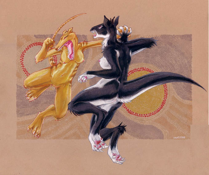 abstract_background anthro border claws duo female fight fur navel nude open_mouth pawpads paws red_eyes tail teeth toe_claws uaykan ra'aya dasyuromorph ekaltadeta kangaroo macropod mammal marsupial recently_extinct_species thylacine 2006