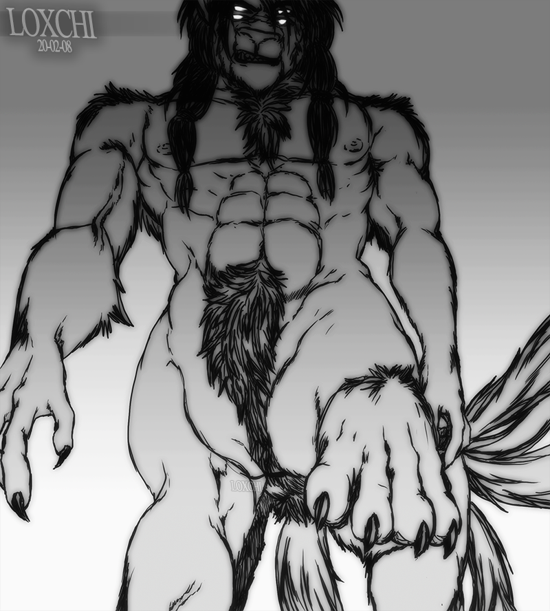 abs anthro biceps claws fur low-angle_view male multi_eye multi_tail muscular muscular_anthro muscular_male nipples pecs simple_background smile solo tail teeth loxchi garasan canid canid_taur canine canine_taur canis mammal mammal_taur taur wolf wolf_taur digital_media_(artwork)