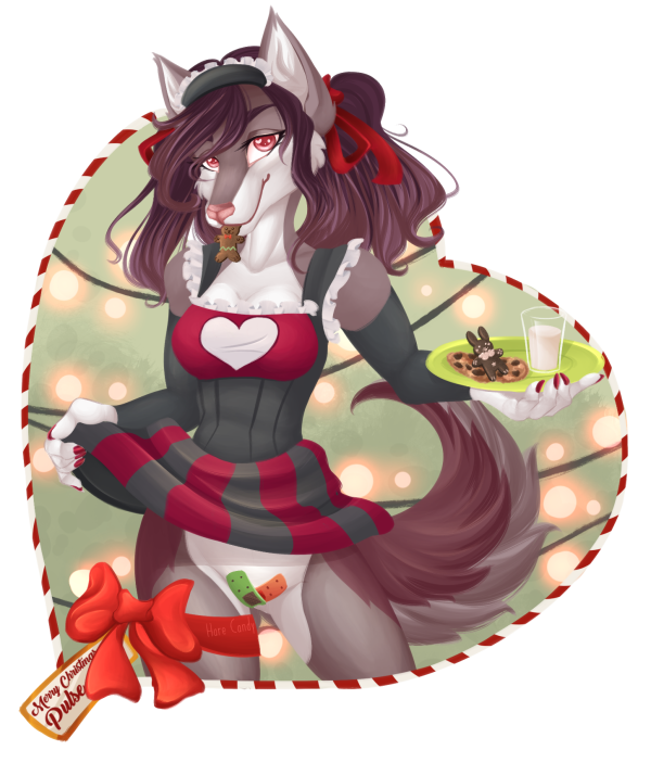 anthro band-aid bandage clothed clothing female hiding_pussy holidays looking_at_viewer simple_background smile solo standing harecandy christmas canid canine mammal 2018 alpha_channel digital_media_(artwork)