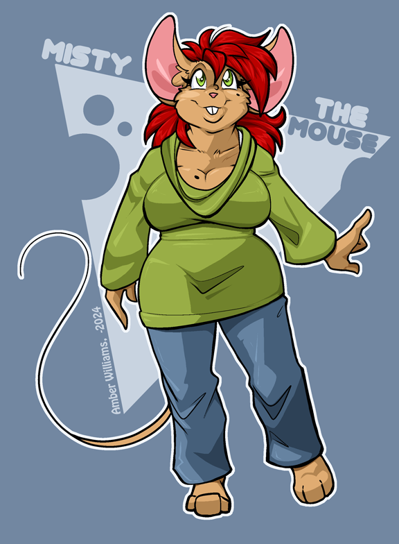 anthro barefoot breasts brown_body brown_fur buckteeth cleavage clothed clothing feet female fur green_eyes hair pink_nose red_hair solo tail teeth amber_williams misty_the_mouse misty_(dutch) mammal mouse murid murine rodent 2024