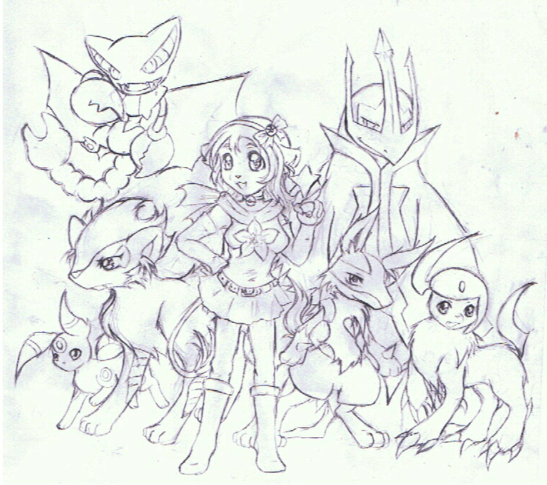 ambiguous_gender anthro armwear belt boots bottomwear claws clothed clothing dress female footwear fur group hand_on_hip horn looking_at_viewer open_mouth pokeball ribbons sharp_teeth shoes simple_background skirt smile spikes teeth toe_claws white_background tigerlilylucky nintendo pokemon absol canid canine eeveelution empoleon felid generation_2_pokemon generation_3_pokemon generation_4_pokemon gliscor lucario luxray mammal pokemon_(species) umbreon 2010 monochrome sketch traditional_media_(artwork)