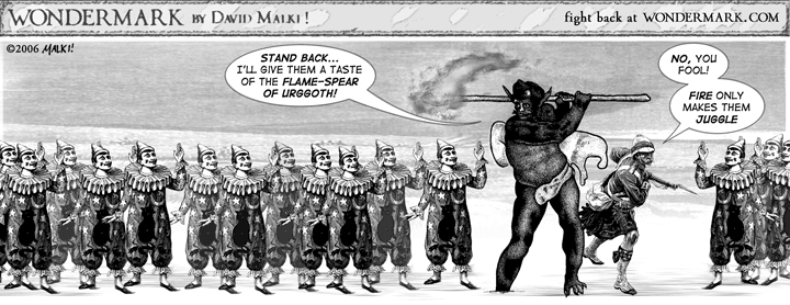 armor bayonet beach clown dialogue explorer fire group gun headgear helmet knife male melee_weapon outside pith_helmet polearm ranged_weapon rifle seaside spear surrounded text weapon what david_malki third-party_edit wondermark demon human mammal 2006 comic english_text greyscale monochrome shopped