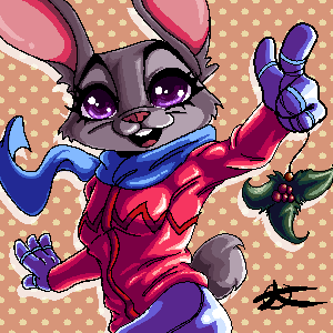 anthro bottomwear buckteeth cheek_tuft clothed clothing dotted_background facial_tuft female fully_clothed fur gloves grey_body grey_fur handwear looking_at_viewer open_mouth open_smile pants pattern_background purple_eyes scarf simple_background smile solo teeth tuft jaff96 disney zootopia judy_hopps lagomorph leporid mammal rabbit 1:1 low_res