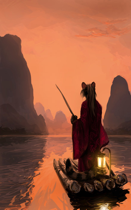 ambiguous_gender anthro lamp lantern markings mountain raft sky solo striped_markings striped_tail stripes tail tail_markings water kenket linsang mammal viverrid 5:8 digital_media_(artwork) digital_painting_(artwork)