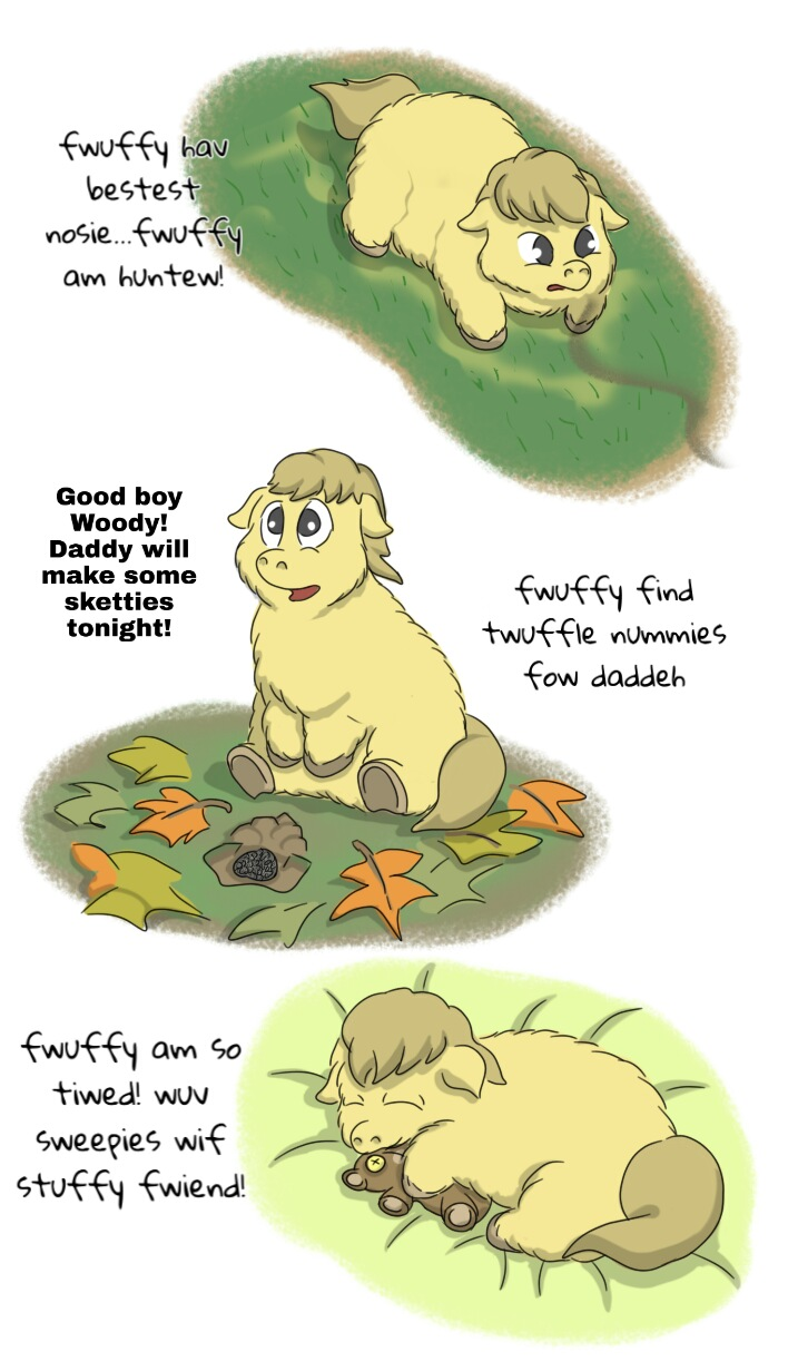 baby_talk brown_hair dialogue feral fur good_boy grass hair leaf male offscreen_character pillow plant plushie sleeping solo text yellow_body yellow_fur carpdime fluffy_pony fluffy_pony_(species) mammal english_text hi_res