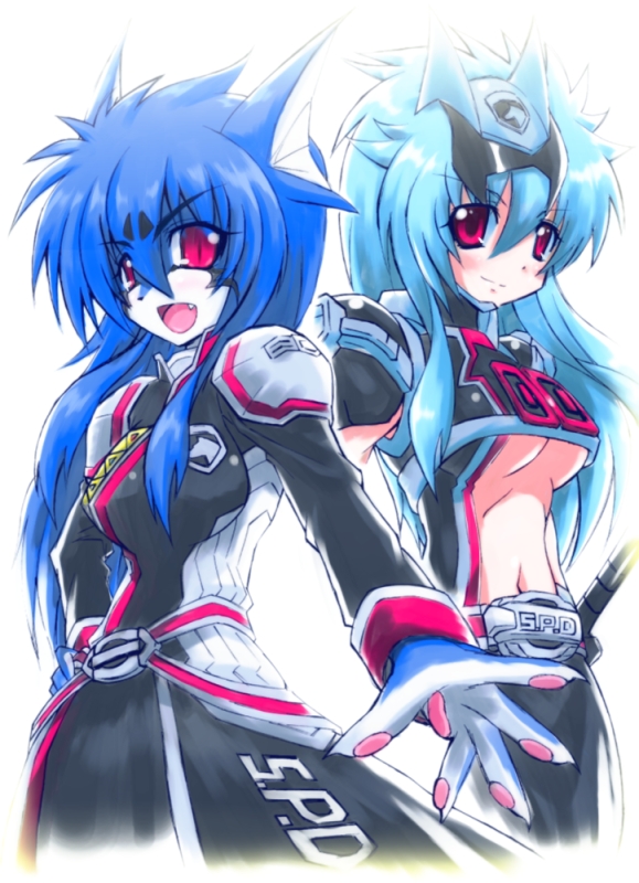 alternate_species anthro armor belt blue_body blue_fur blue_hair breasts bright clothed clothing coat crossgender duo ear_fins eyebrow_through_hair eyebrows female fin fur gijinkafied hair headgear helmet holster humanoidized kemono melee_weapon midriff mtf_crossgender open_mouth open_smile pawpads red_eyes shoulder_pads simple_background smile square_crossover sword topwear translucent translucent_hair under_boob visor weapon white_background gekoge_satoru power_rangers super_sentai tokusou_sentai_dekaranger doggie_kruger alien animal_humanoid canid canid_humanoid canine canine_humanoid humanoid mammal mammal_humanoid 2012