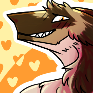 ambiguous_gender blush brown_body brown_fur fur heart_symbol looking_at_viewer orange_background orange_eyes outline simple_background smile solo teeth yellow_background unknown_artist zxara_amador mammal sergal 1:1 low_res