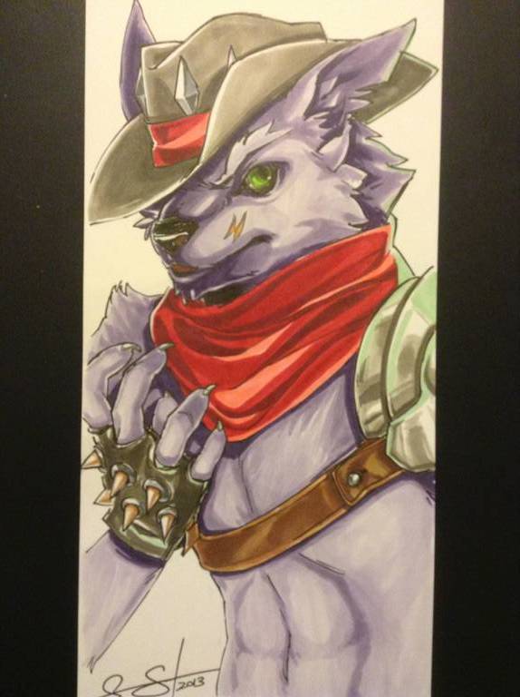 anthro armor cestus clothing cowboy fur gloves green_eyes handwear male purple_body purple_fur scar scarf solo western unknown_artist sekotta canid canine canis mammal wolf