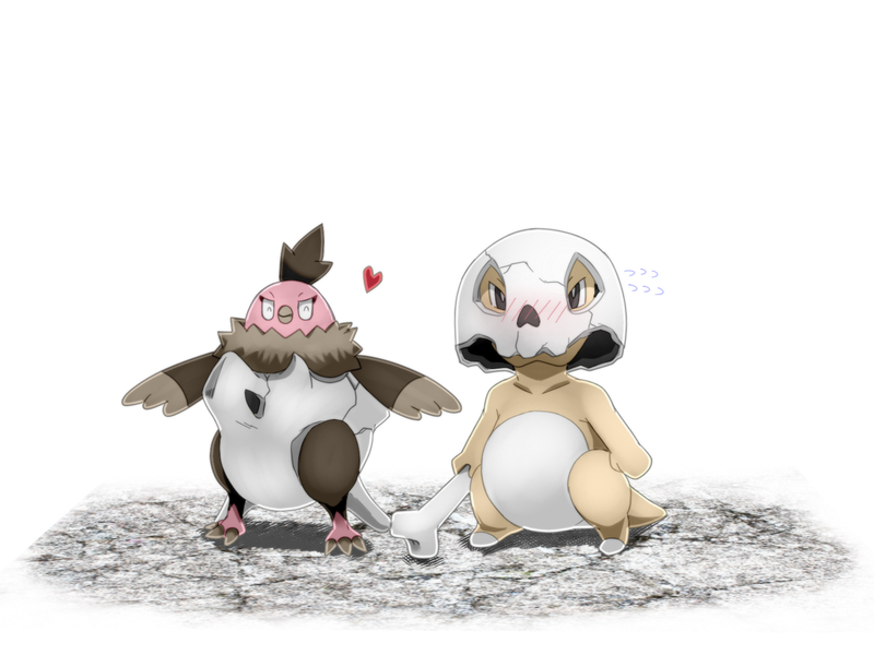 ambiguous_gender blush bone duo heart_symbol mask simple_background skull skull_mask standing tail white_background evjfeulg133 nintendo pokemon avian cubone generation_1_pokemon generation_5_pokemon pokemon_(species) vullaby 4:3