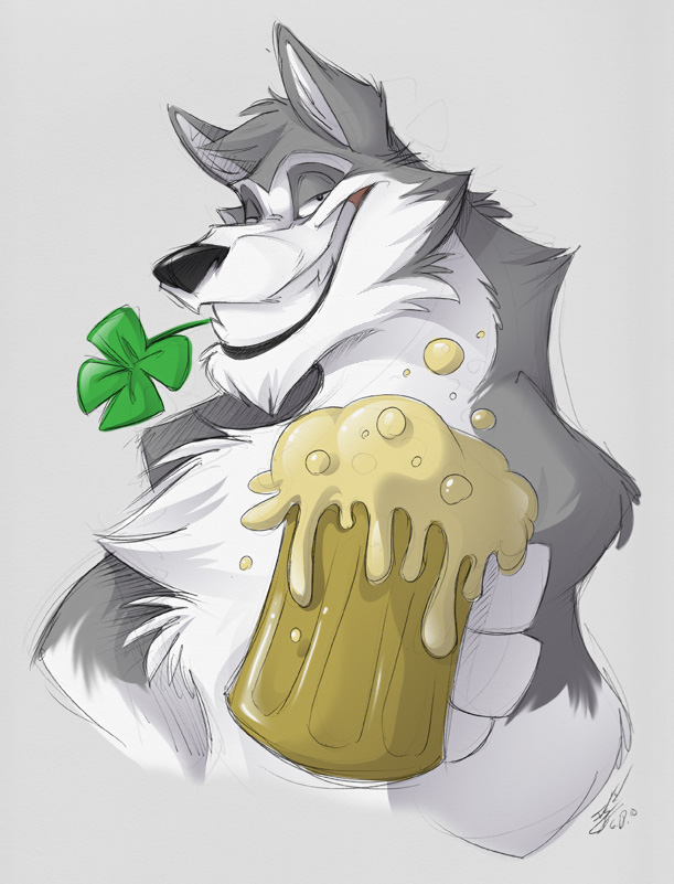 alcohol anthro beer beverage clover_(plant) fur grey_body grey_fur holidays male plant smile solo spunky_(artist) st._patrick's_day canid canine canis mammal wolf