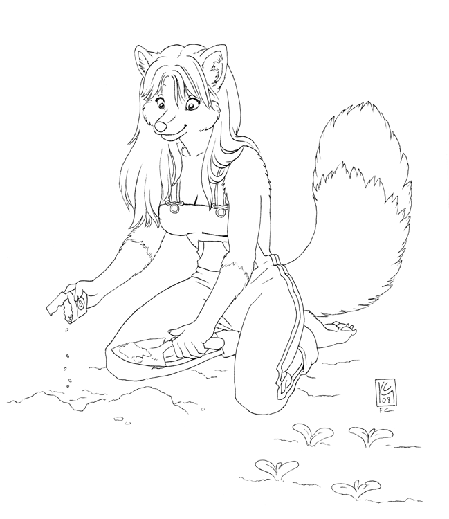 anthro barefoot biped breasts claws cleavage clothed clothing dipstick_tail feet female fur gardening hair kneeling markings multicolored_tail overalls pawpads seed smile soles solo tail tail_markings toes trowel kacey jazmyn's_world jazmyn canid canine fox mammal 2008 monochrome