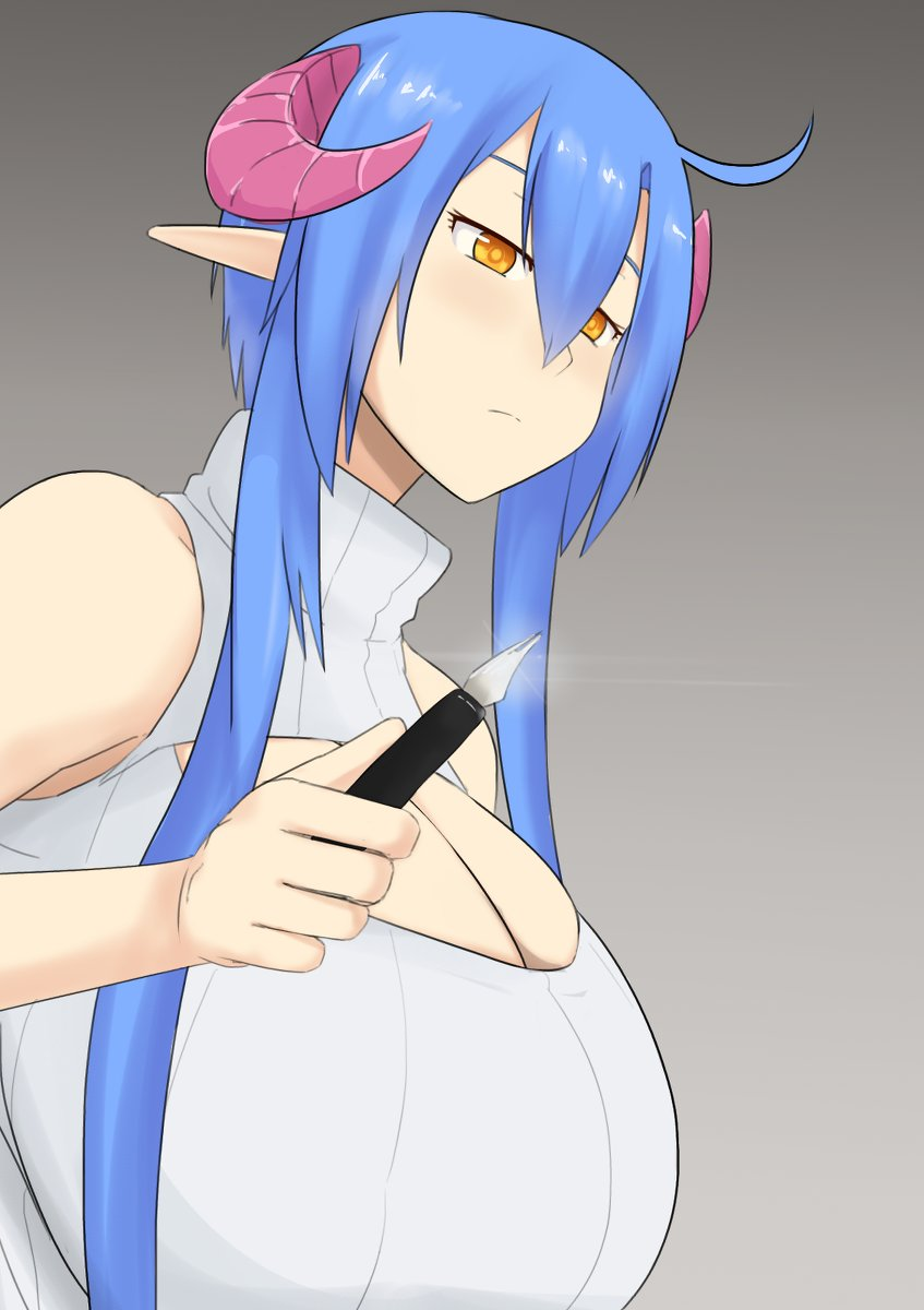 big_breasts blue_hair breasts cleavage cleavage_cutout clothed clothing cutout female hair horn huge_breasts humanoid_pointy_ears keyhole_turtleneck not_furry pen pointy_ears solo sweater topwear turtleneck nao_(artist) horned_humanoid humanoid digital_media_(artwork) hi_res shaded